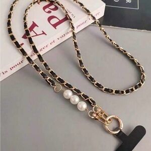 New Gold Black Chain Lanyard Cell Phone Holder Pearls Faux Leather Crossbody